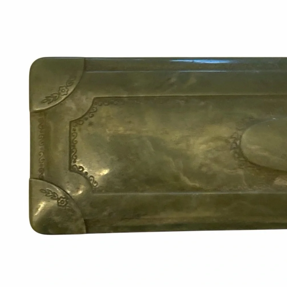 Vintage Coro Jade Green Marbled Plastic Jewelry Box Filigree Details Mid Century